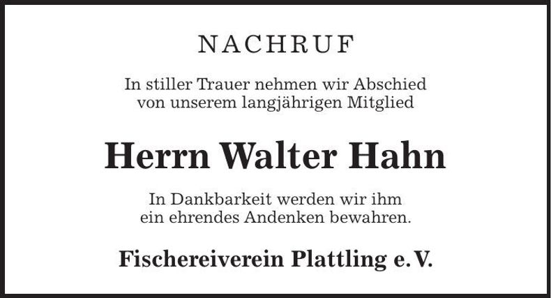 Traueranzeige Walter Hahn
