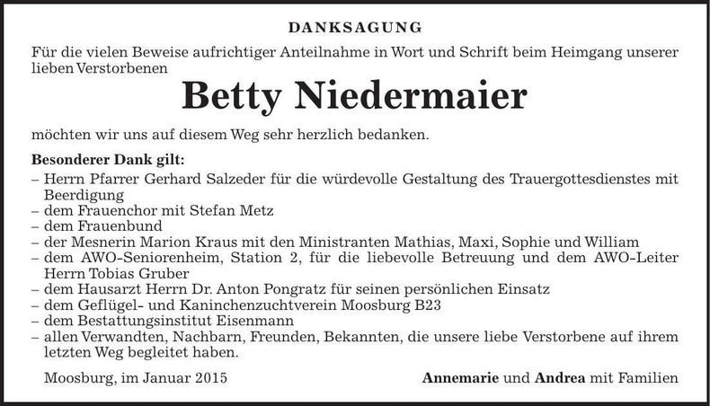 Traueranzeige Betty Niedermaier