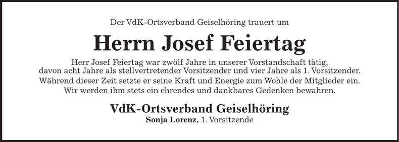 Traueranzeige Josef Feiertag