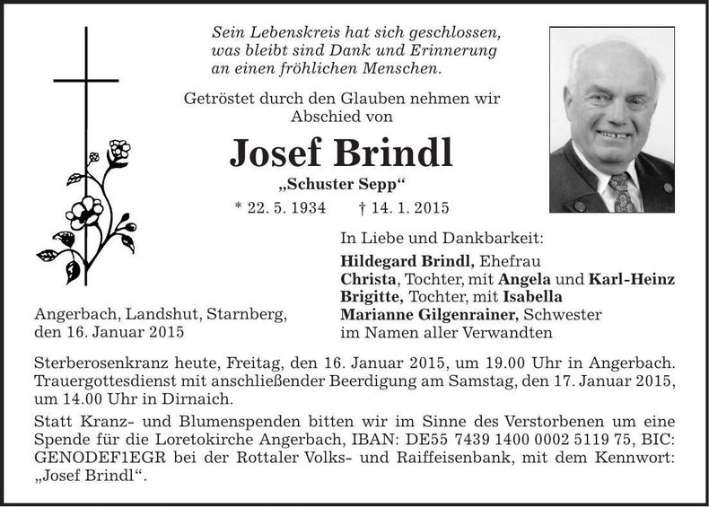 Traueranzeige Josef Brindl
