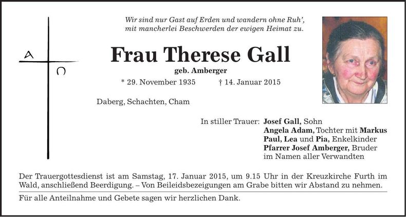 Traueranzeige Therese Gall