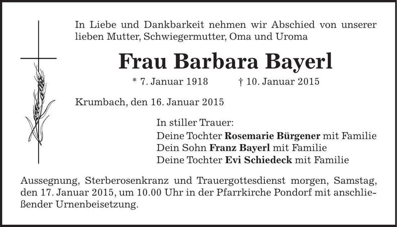 Traueranzeige Barbara Bayerl