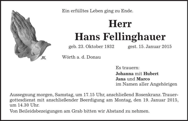 Traueranzeige Hans Fellinghauer