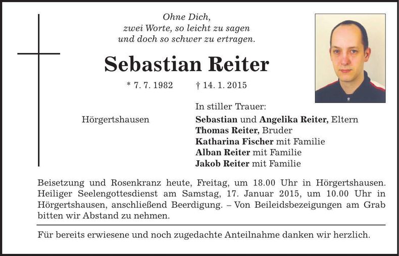 Traueranzeige Sebastian Reiter