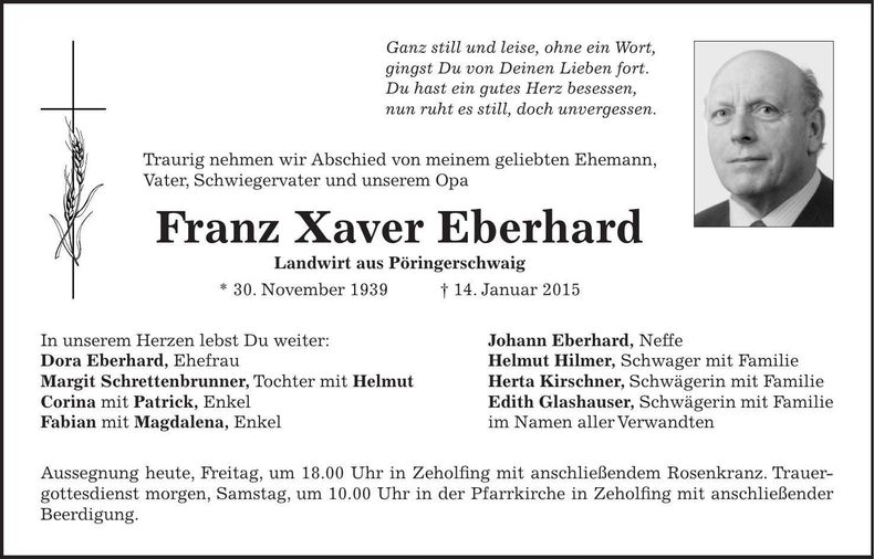 Traueranzeige Xaver Eberhard
