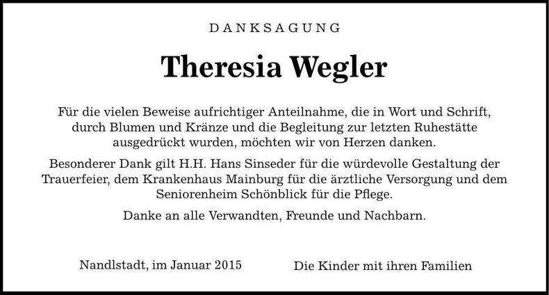 Traueranzeige Theresia Wegler