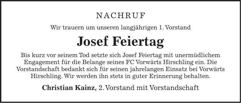 Traueranzeige Josef Feiertag