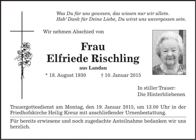 Traueranzeige Elfriede Rischling