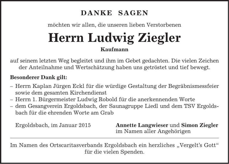 Traueranzeige Ludwig Ziegler