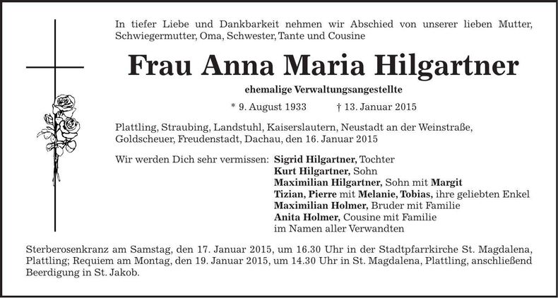 Traueranzeige Anna Maria Hilgartner