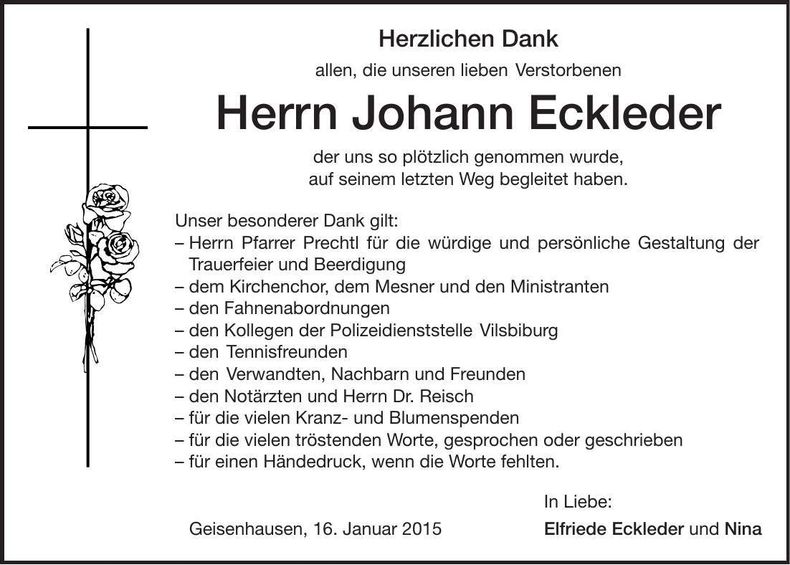 Traueranzeige Johann Eckleder