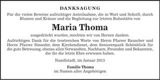 Traueranzeige Maria Thoma