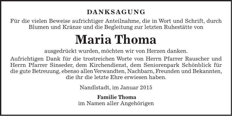 Traueranzeige Maria Thoma