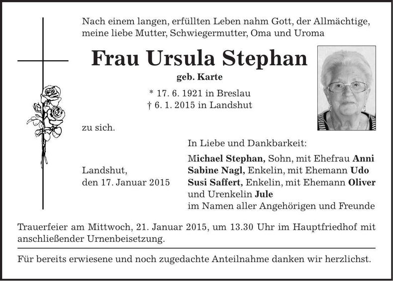 Traueranzeige Ursula Stephan