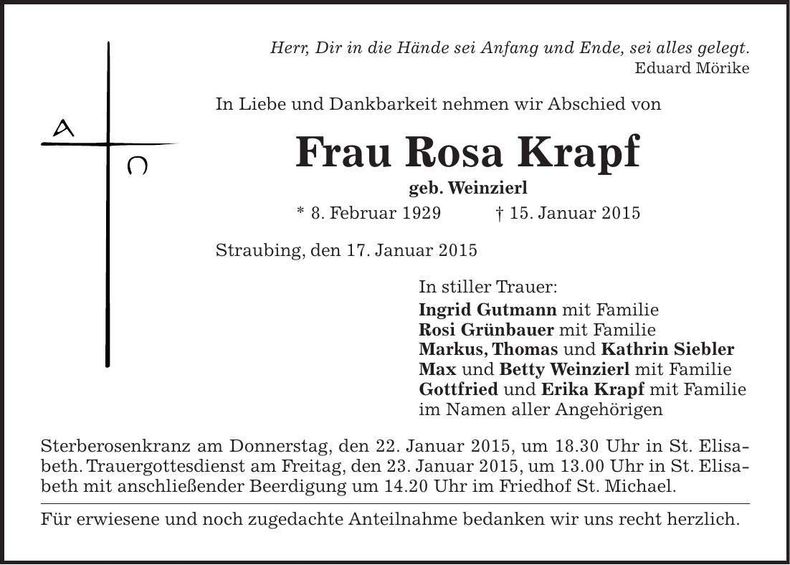 Traueranzeige Rosa Krapf