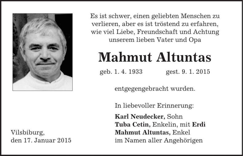 Traueranzeige Mahmut Altuntas