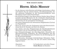 Traueranzeige Alois Mooser