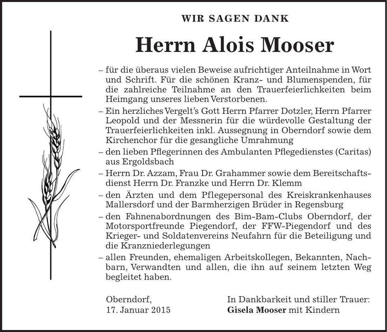 Traueranzeige Alois Mooser