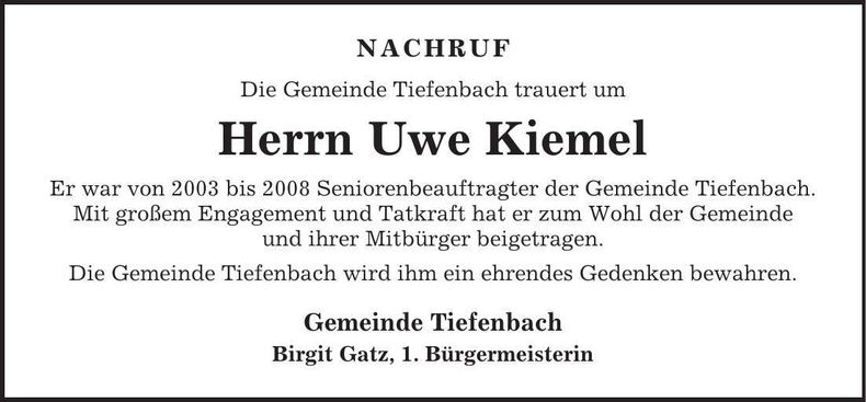 Traueranzeige Uwe Kiemel