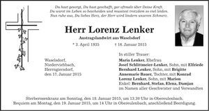 Traueranzeige Lorenz Lenker