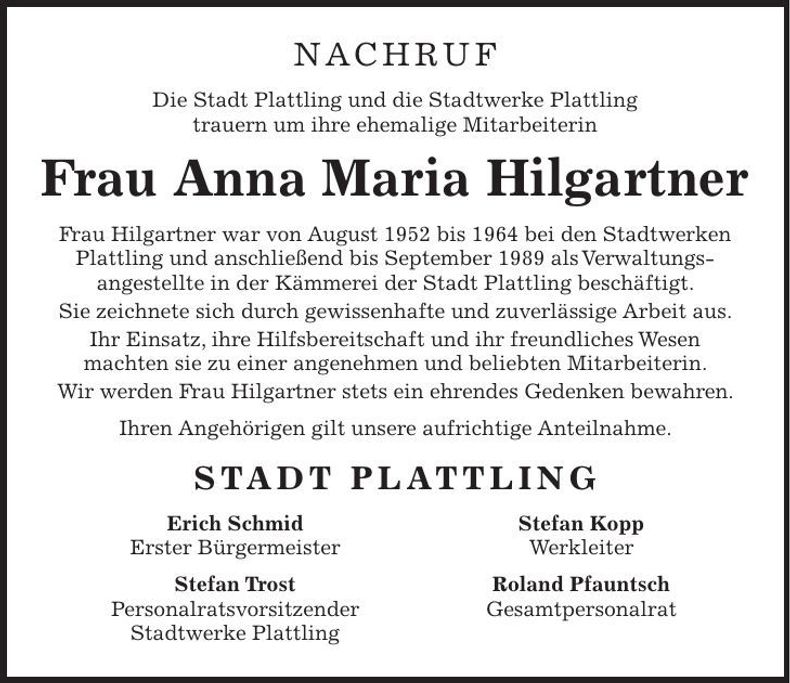 Traueranzeige Anna Maria Hilgartner