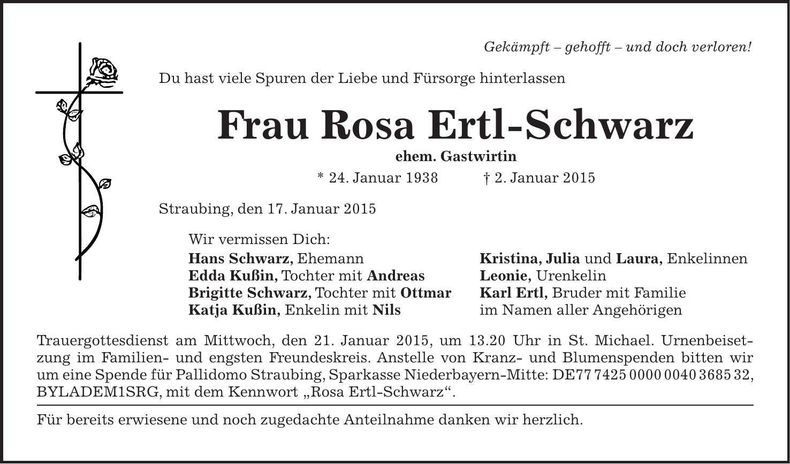 Traueranzeige Rosa Ertl-Schwarz