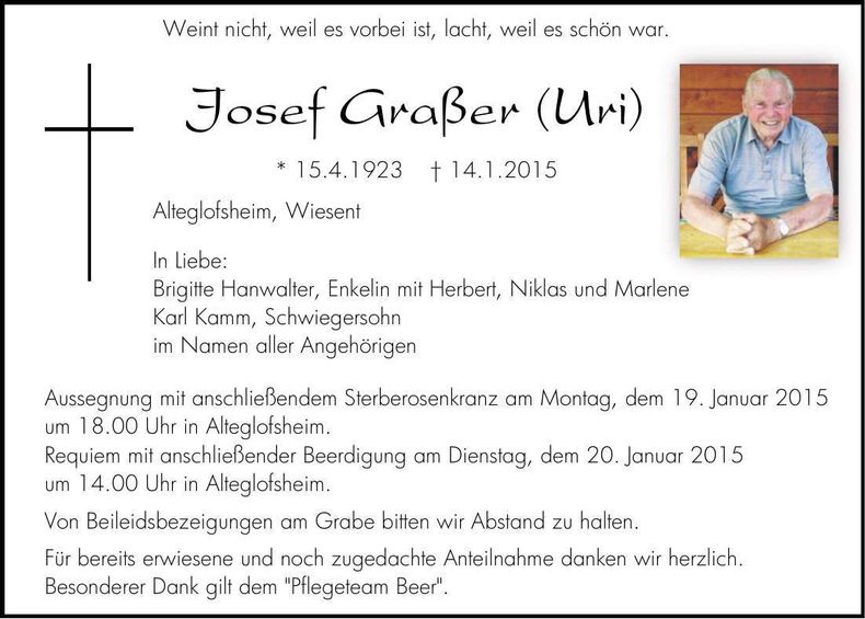 Traueranzeige Josef (Uri) Graßer