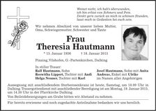 Traueranzeige Theresia Hautmann