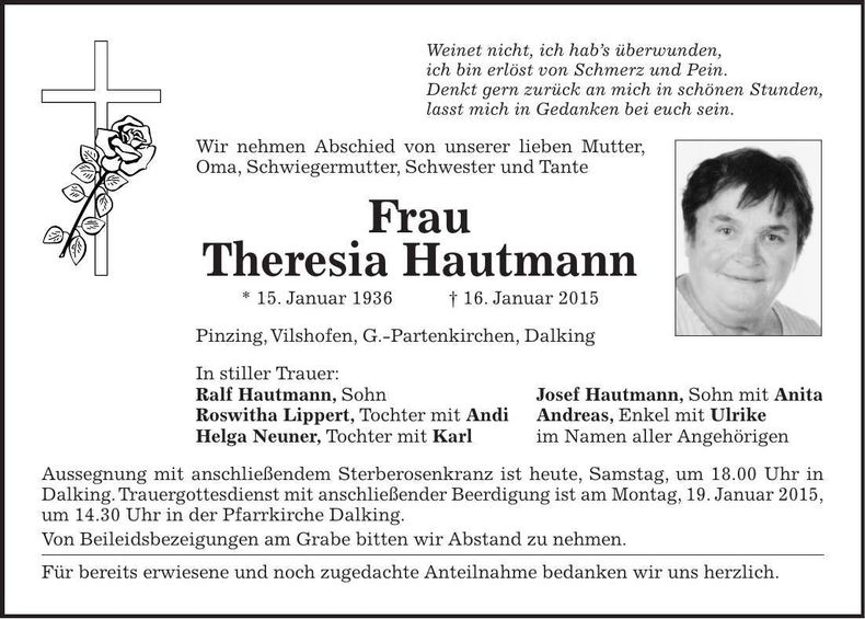 Traueranzeige Theresia Hautmann