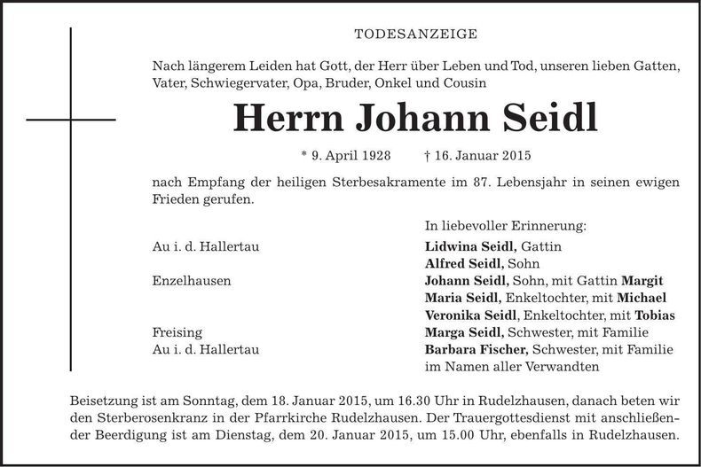 Traueranzeige Johann Seidl