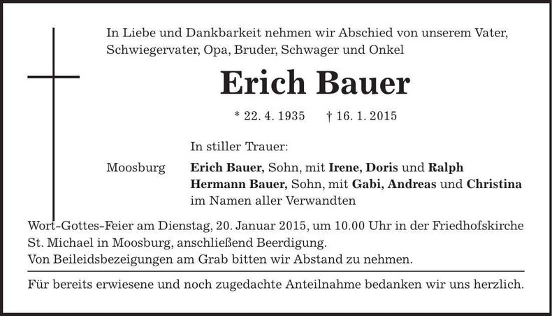 Traueranzeige Erich Bauer