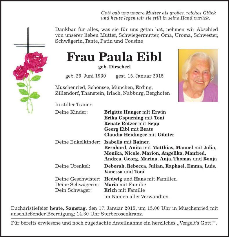 Traueranzeige Paula Eibl