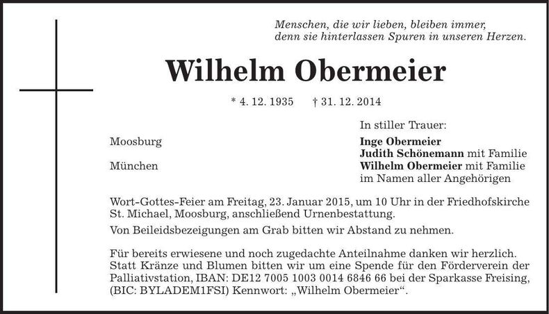 Traueranzeige Wilhelm Obermeier
