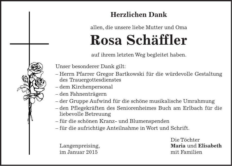 Traueranzeige Rosa Schäffler