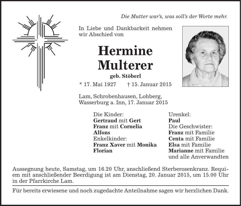 Traueranzeige Hermine Multerer