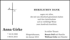 Traueranzeige Anna Girke