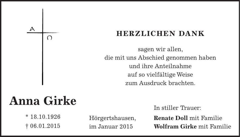 Traueranzeige Anna Girke