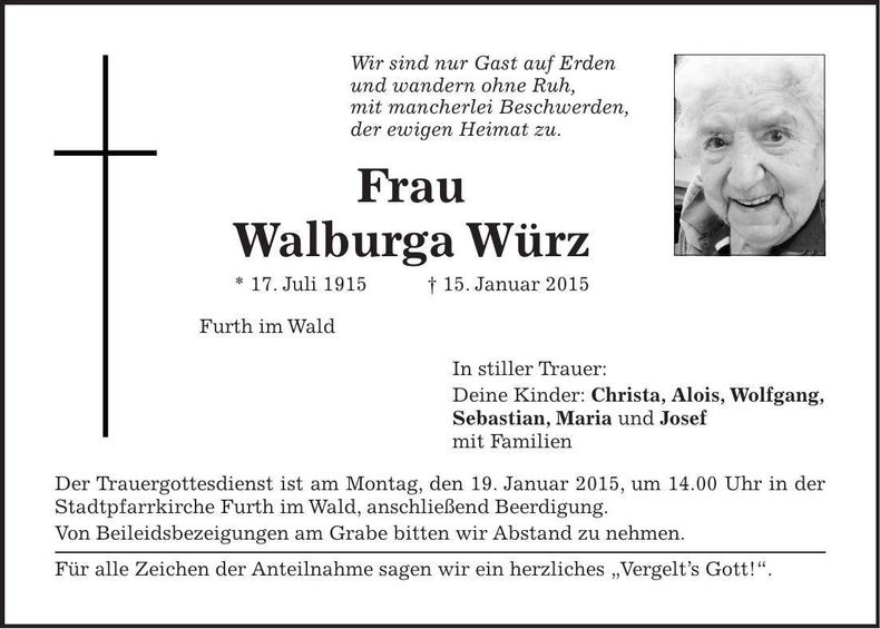 Traueranzeige Walburga Würz