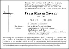 Traueranzeige Maria Zierer