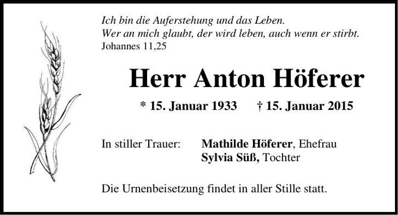 Traueranzeige Anton Höferer