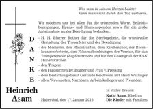 Traueranzeige Heinrich Asam