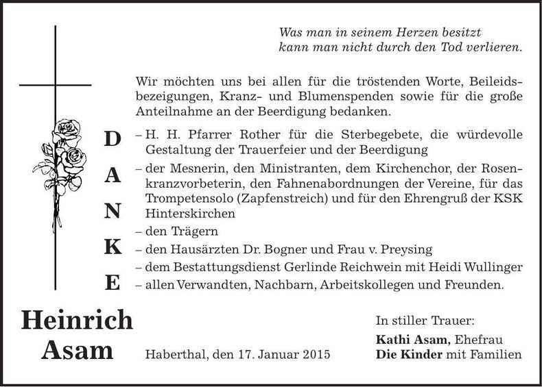 Traueranzeige Heinrich Asam
