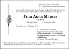 Traueranzeige Anna Mauser