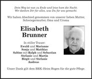 Traueranzeige Elisabeth Brunner