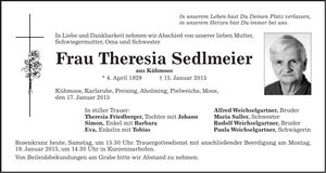 Traueranzeige Theresia Sedlmeier