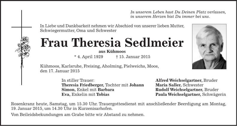 Traueranzeige Theresia Sedlmeier