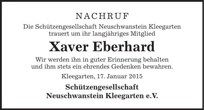 Traueranzeige Xaver Eberhard