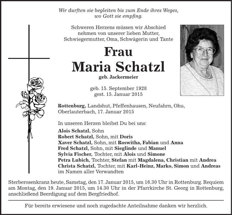 Traueranzeige Maria Schatzl