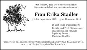 Traueranzeige Erika Stadler
