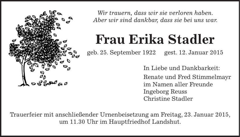 Traueranzeige Erika Stadler